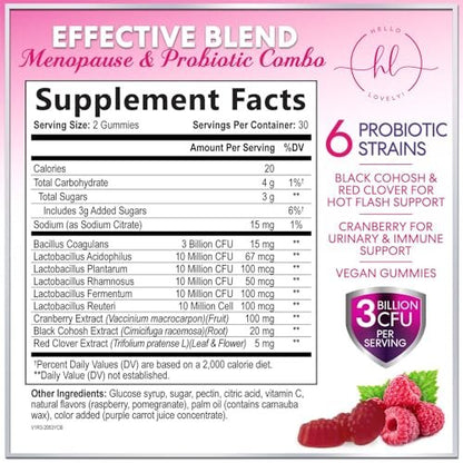 Menopause Gummies für Frauen – Black Cohosh, Cranberry, 3 Mrd. KBE Probiotika pro Portion – Komplette Linderung von Hitzewallungen, Nachtschweiß, Unterstützung der Vaginalgesundheit – 60 Gummis
