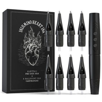 Inlumino Heart Ink Tattoo-Übungsstift – Kabelloser Rotary Dot Pen mit 8 schwarzen Kugelschreiber-Minen – Elektrisches Tattoo-Trainingswerkzeug mit 2 Akkus & Magnet-Etui