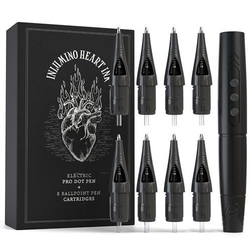Inlumino Heart Ink Tattoo-Übungsstift – Kabelloser Rotary Dot Pen mit 8 schwarzen Kugelschreiber-Minen – Elektrisches Tattoo-Trainingswerkzeug mit 2 Akkus & Magnet-Etui