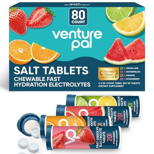 Venture Pal Kaubare Elektrolyt-Tabletten, 80 Stück, schnell lösliche, zuckerfreie Salz-Tabletten, glutenfrei – Sortenpackung für schnelle Hydrierung, Outdoor-Laufen, Wandern | Keto & vegan freundlich | 4er-Pack