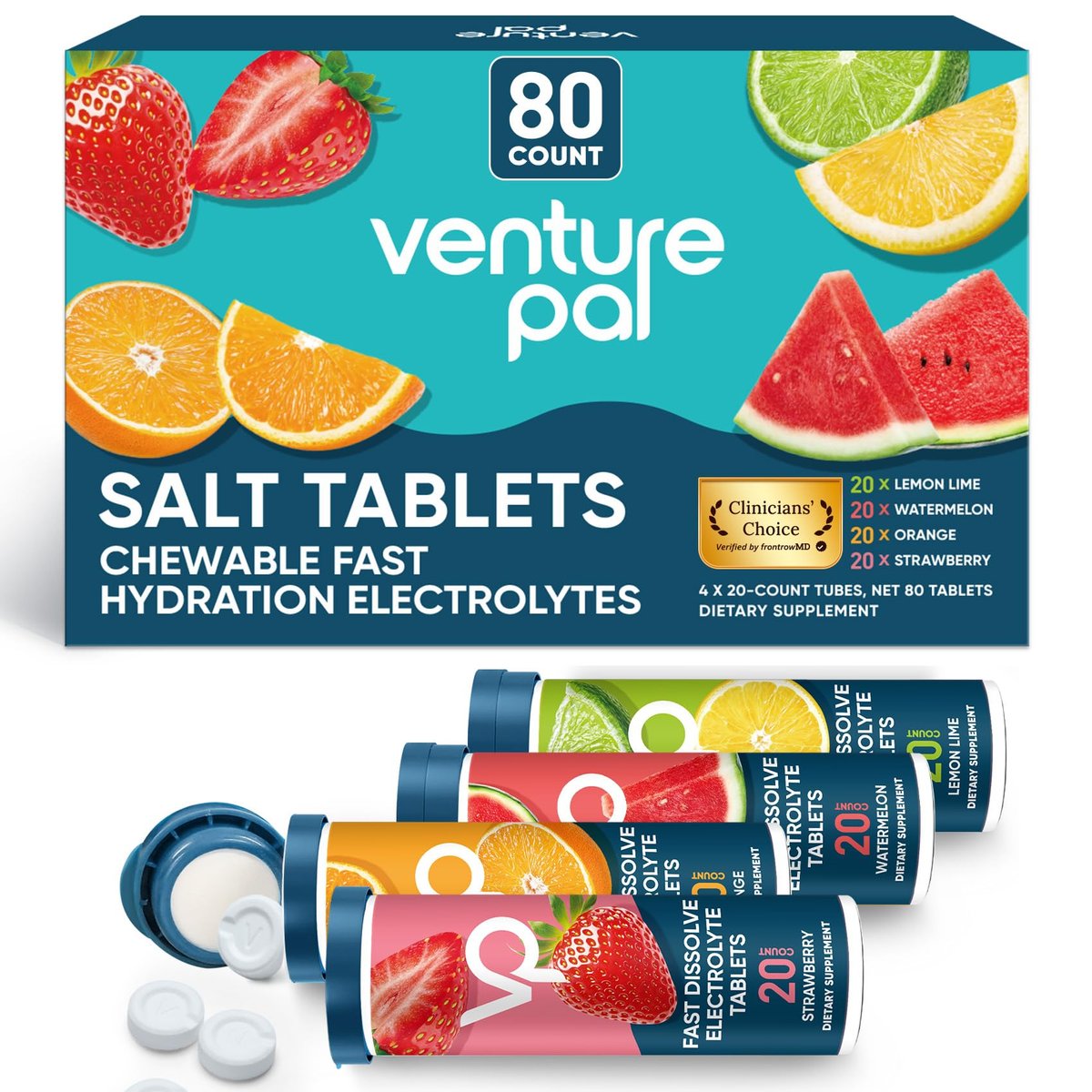 Venture Pal Kaubare Elektrolyt-Tabletten, 80 Stück, schnell lösliche, zuckerfreie Salz-Tabletten, glutenfrei – Sortenpackung für schnelle Hydrierung, Outdoor-Laufen, Wandern | Keto & vegan freundlich | 4er-Pack