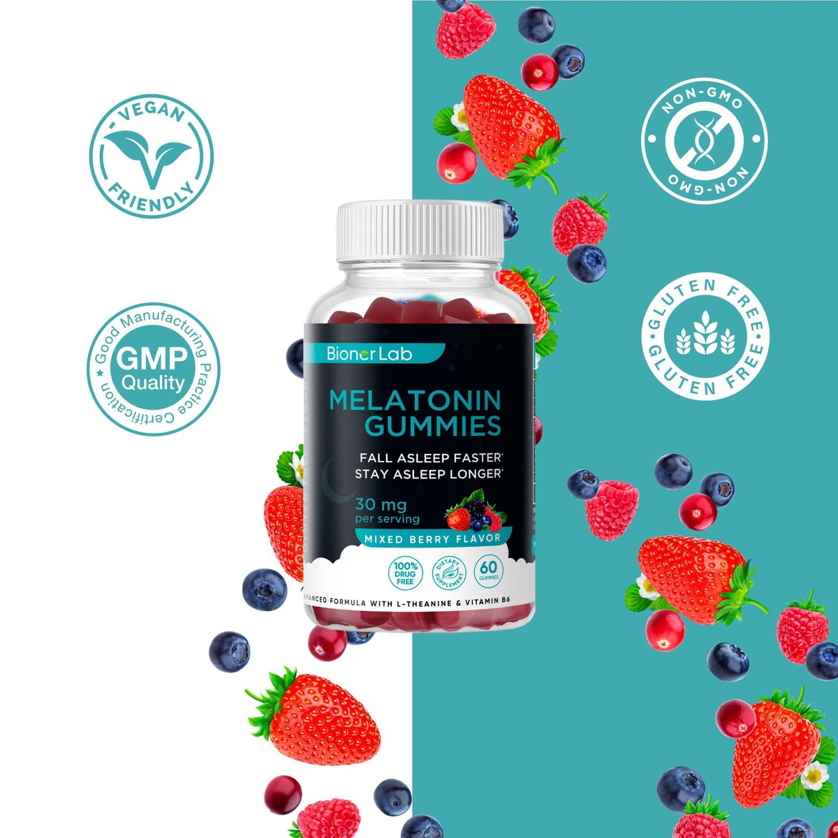 BionerLab Melatonin Gummis (30mg) mit L-Theanin & Vitamin B6 für Erwachsene - Extra starke, beruhigende Gummis - Glutenfrei - 60 Stück