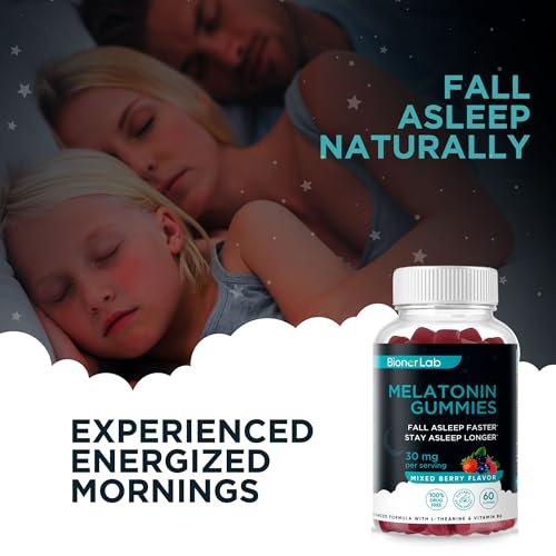 BionerLab Melatonin Gummis (30mg) mit L-Theanin & Vitamin B6 für Erwachsene - Extra starke, beruhigende Gummis - Glutenfrei - 60 Stück