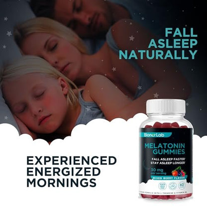 BionerLab Melatonin Gummis (30mg) mit L-Theanin & Vitamin B6 für Erwachsene - Extra starke, beruhigende Gummis - Glutenfrei - 60 Stück