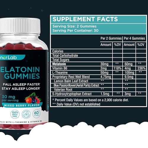BionerLab Melatonin Gummis (30mg) mit L-Theanin & Vitamin B6 für Erwachsene - Extra starke, beruhigende Gummis - Glutenfrei - 60 Stück