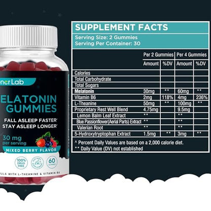 BionerLab Melatonin Gummis (30mg) mit L-Theanin & Vitamin B6 für Erwachsene - Extra starke, beruhigende Gummis - Glutenfrei - 60 Stück