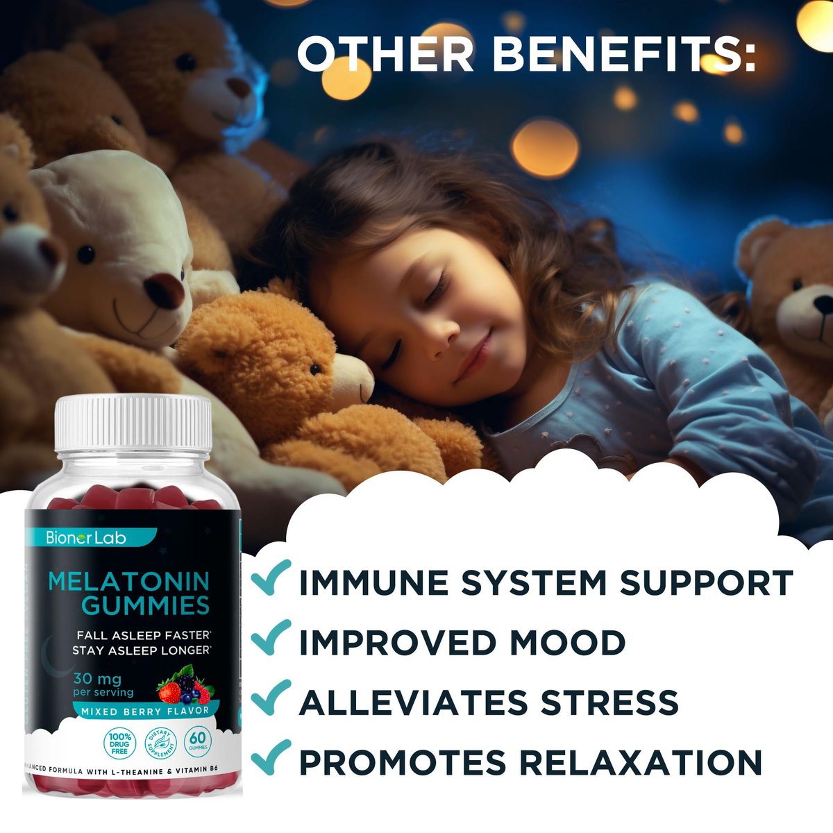 BionerLab Melatonin Gummis (30mg) mit L-Theanin & Vitamin B6 für Erwachsene - Extra starke, beruhigende Gummis - Glutenfrei - 60 Stück