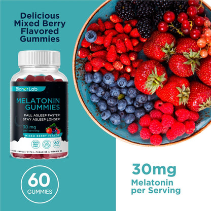 BionerLab Melatonin Gummis (30mg) mit L-Theanin & Vitamin B6 für Erwachsene - Extra starke, beruhigende Gummis - Glutenfrei - 60 Stück