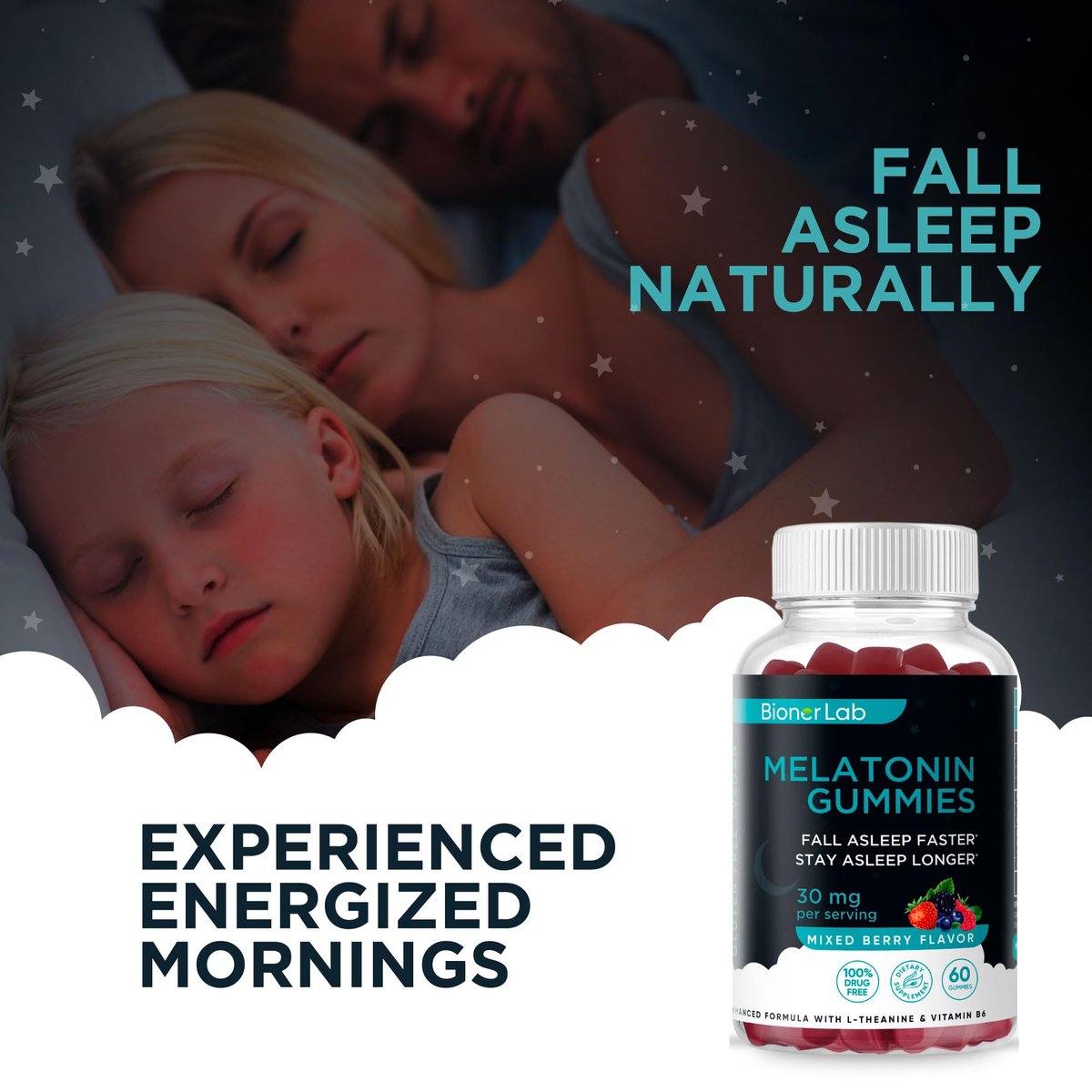 BionerLab Melatonin Gummis (30mg) mit L-Theanin & Vitamin B6 für Erwachsene - Extra starke, beruhigende Gummis - Glutenfrei - 60 Stück