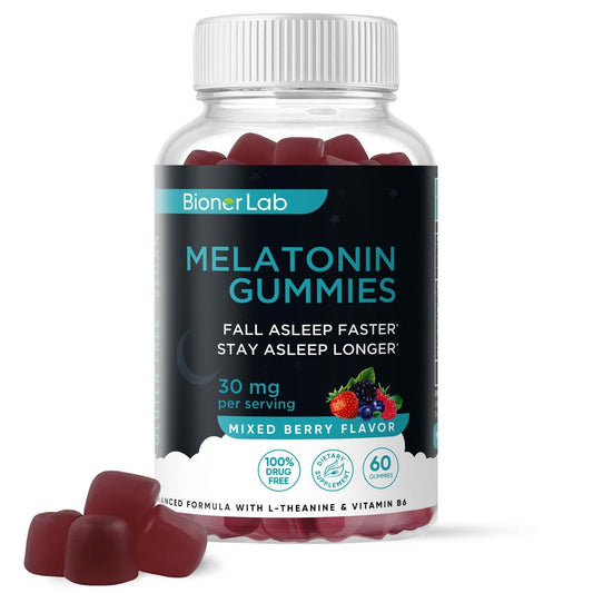 BionerLab Melatonin Gummis (30mg) mit L-Theanin & Vitamin B6 für Erwachsene - Extra starke, beruhigende Gummis - Glutenfrei - 60 Stück
