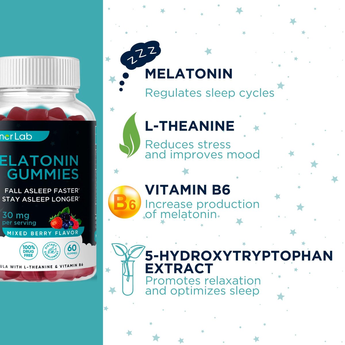BionerLab Melatonin Gummis (30mg) mit L-Theanin & Vitamin B6 für Erwachsene - Extra starke, beruhigende Gummis - Glutenfrei - 60 Stück