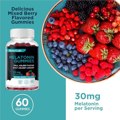 BionerLab Melatonin Gummis (30mg) mit L-Theanin & Vitamin B6 für Erwachsene - Extra starke, beruhigende Gummis - Glutenfrei - 60 Stück