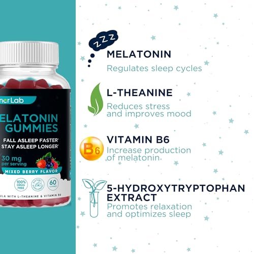 BionerLab Melatonin Gummis (30mg) mit L-Theanin & Vitamin B6 für Erwachsene - Extra starke, beruhigende Gummis - Glutenfrei - 60 Stück