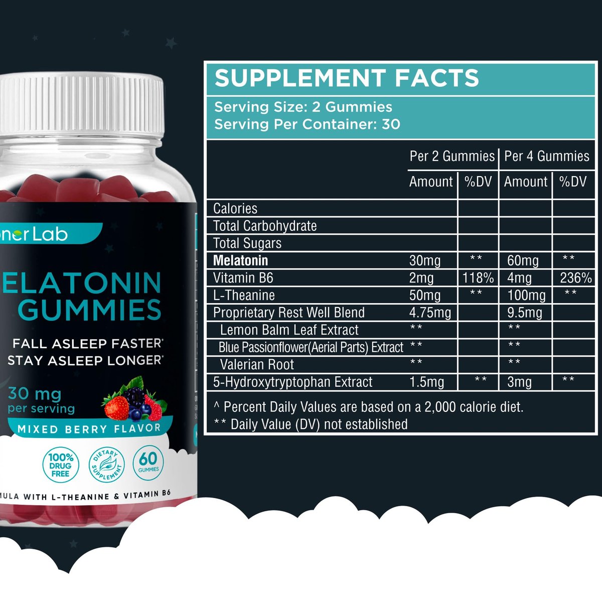 BionerLab Melatonin Gummis (30mg) mit L-Theanin & Vitamin B6 für Erwachsene - Extra starke, beruhigende Gummis - Glutenfrei - 60 Stück