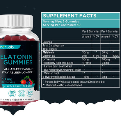 BionerLab Melatonin Gummis (30mg) mit L-Theanin & Vitamin B6 für Erwachsene - Extra starke, beruhigende Gummis - Glutenfrei - 60 Stück