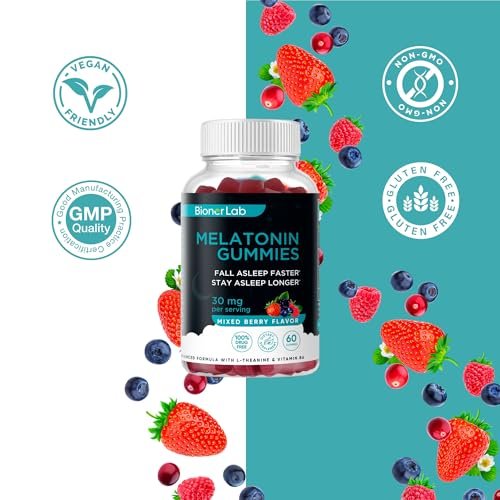 BionerLab Melatonin Gummis (30mg) mit L-Theanin & Vitamin B6 für Erwachsene - Extra starke, beruhigende Gummis - Glutenfrei - 60 Stück
