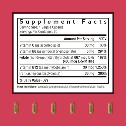 Doctor's Recipes Eisenpräparat für Frauen und Männer - Sanftes Eisenbisglycinat mit Vitamin C, B6, Folat & B12, Magenfreundliche Eisenkapseln, 60 vegane Kapseln