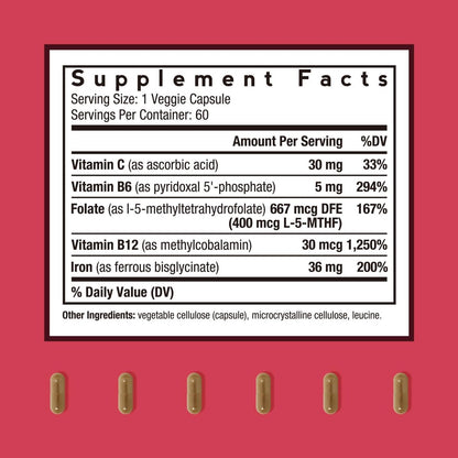 Doctor's Recipes Eisenpräparat für Frauen und Männer - Sanftes Eisenbisglycinat mit Vitamin C, B6, Folat & B12, Magenfreundliche Eisenkapseln, 60 vegane Kapseln