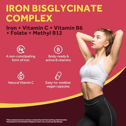 Doctor's Recipes Eisenpräparat für Frauen und Männer - Sanftes Eisenbisglycinat mit Vitamin C, B6, Folat & B12, Magenfreundliche Eisenkapseln, 60 vegane Kapseln
