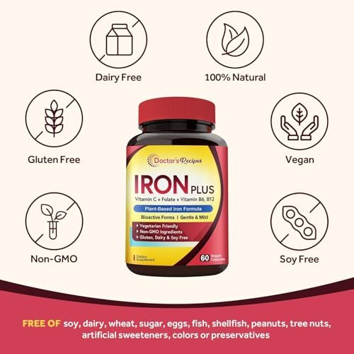 Doctor's Recipes Eisenpräparat für Frauen und Männer - Sanftes Eisenbisglycinat mit Vitamin C, B6, Folat & B12, Magenfreundliche Eisenkapseln, 60 vegane Kapseln