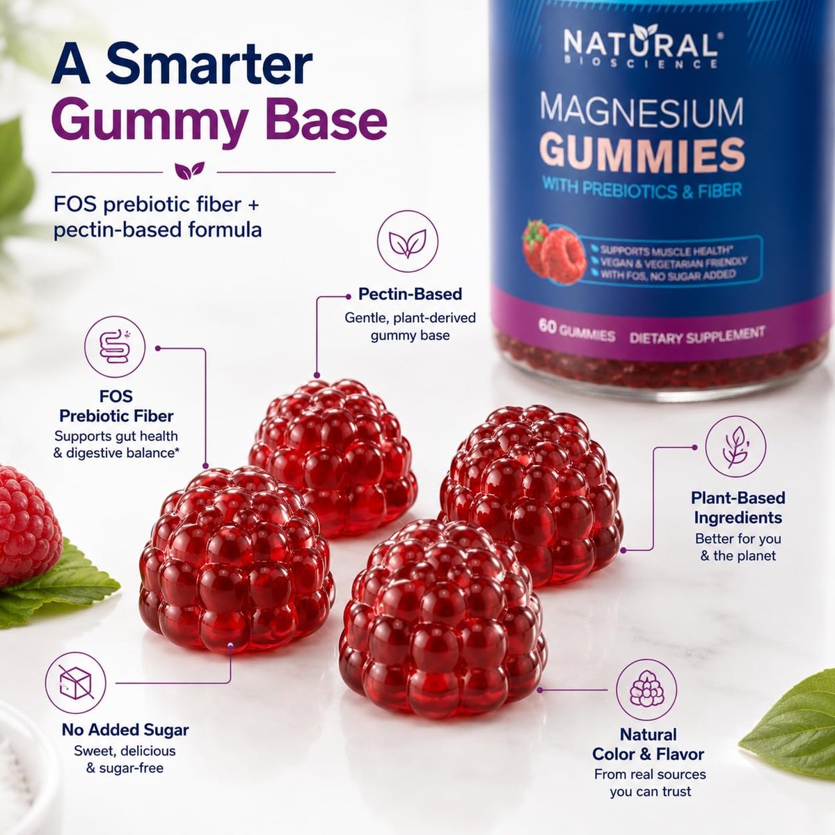 Zuckerfreie Magnesium Gummibärchen für Erwachsene – Magnesiumcitrat 120 mg Elementar, ohne Zuckeralkohole oder Stevia, veganes Kausupplement für Schlaf, Ruhe, Muskel- und Nervenunterstützung, 60 Gummibärchen