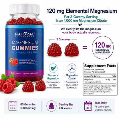 Zuckerfreie Magnesium Gummibärchen für Erwachsene – Magnesiumcitrat 120 mg Elementar, ohne Zuckeralkohole oder Stevia, veganes Kausupplement für Schlaf, Ruhe, Muskel- und Nervenunterstützung, 60 Gummibärchen