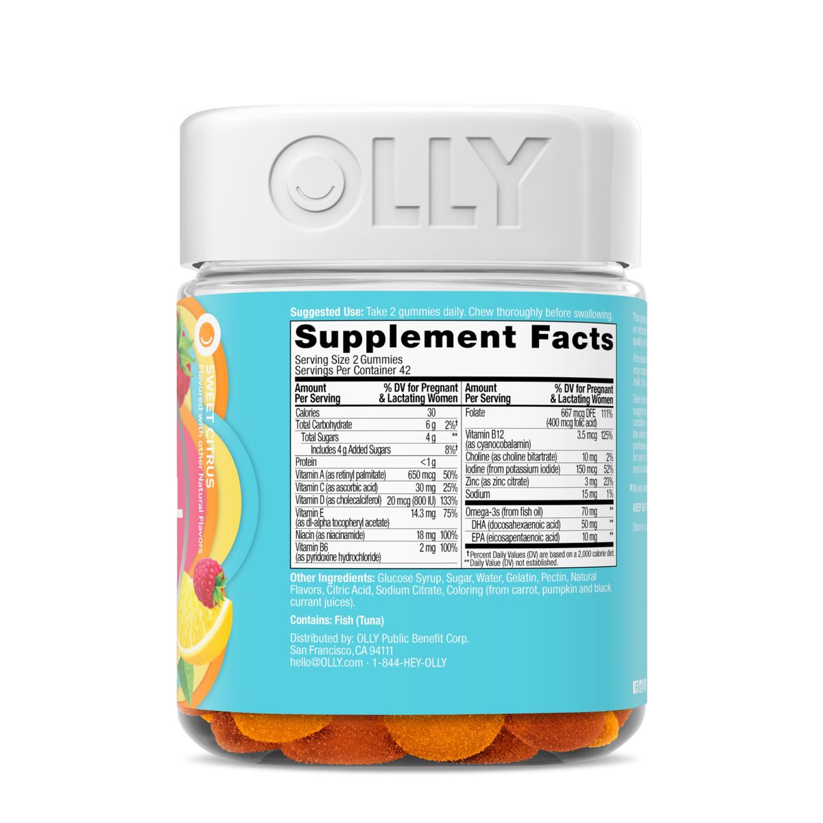 OLLY Schwangerschafts Multivitamin Gummis – Tägliche Nährstoffe für Mama & Baby, Folsäure, Omega-3 DHA, Vitamine A & D, süßer Zitrusgeschmack, 42-Tage-Vorrat – 84 Stück
