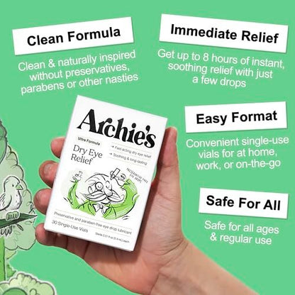 Archie's Remedies Trockene Augen Linderung, Ultra-Befeuchtende Augentropfen, Reine Formel ohne Konservierungsstoffe, Einzeldosen, gegen Reizungen und rote Augen, Natürliche Tränen, 30 Stück