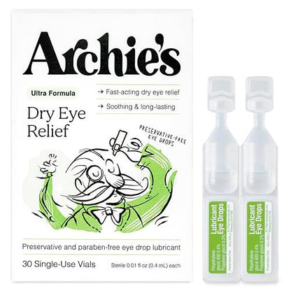 Archie's Remedies Trockene Augen Linderung, Ultra-Befeuchtende Augentropfen, Reine Formel ohne Konservierungsstoffe, Einzeldosen, gegen Reizungen und rote Augen, Natürliche Tränen, 30 Stück