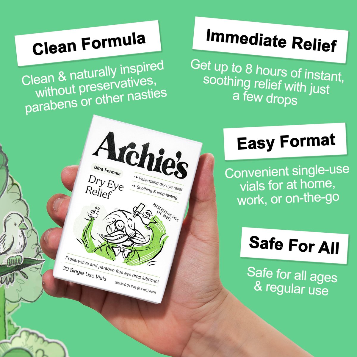Archie's Remedies Trockene Augen Linderung, Ultra-Befeuchtende Augentropfen, Reine Formel ohne Konservierungsstoffe, Einzeldosen, gegen Reizungen und rote Augen, Natürliche Tränen, 30 Stück
