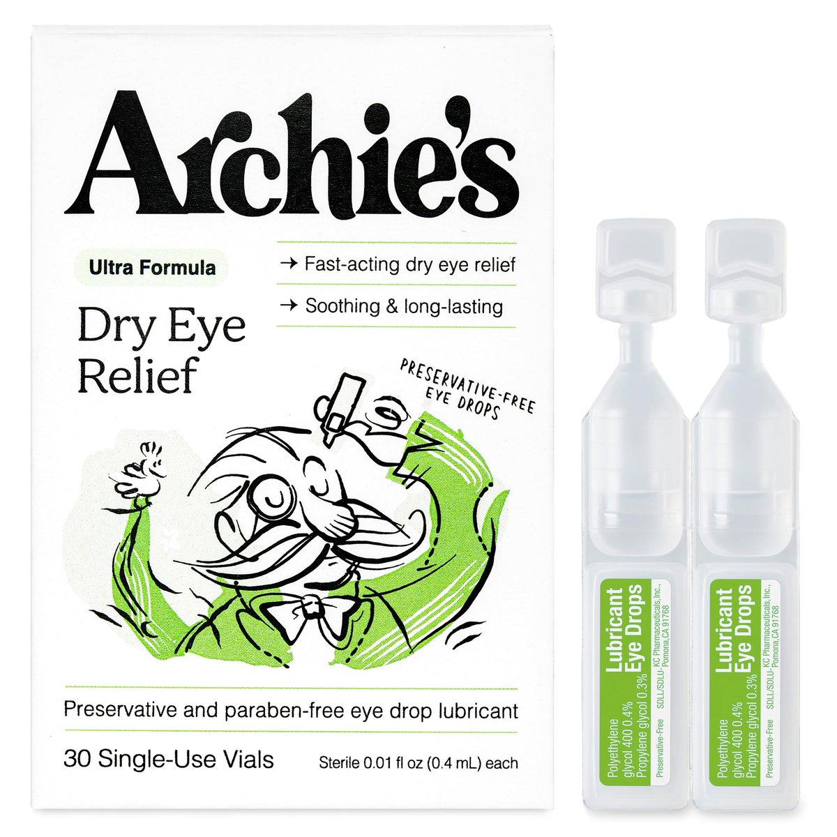 Archie's Remedies Trockene Augen Linderung, Ultra-Befeuchtende Augentropfen, Reine Formel ohne Konservierungsstoffe, Einzeldosen, gegen Reizungen und rote Augen, Natürliche Tränen, 30 Stück