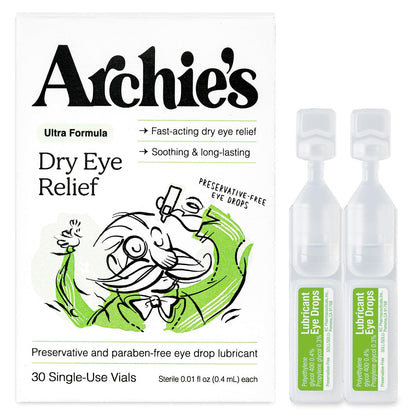 Archie's Remedies Trockene Augen Linderung, Ultra-Befeuchtende Augentropfen, Reine Formel ohne Konservierungsstoffe, Einzeldosen, gegen Reizungen und rote Augen, Natürliche Tränen, 30 Stück