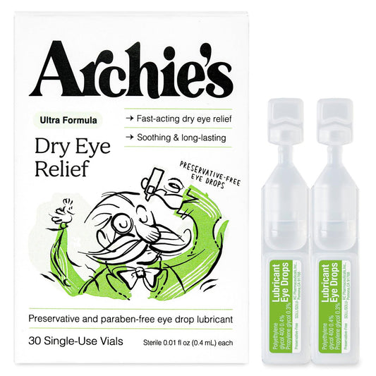 Archie's Remedies Trockene Augen Linderung, Ultra-Befeuchtende Augentropfen, Reine Formel ohne Konservierungsstoffe, Einzeldosen, gegen Reizungen und rote Augen, Natürliche Tränen, 30 Stück