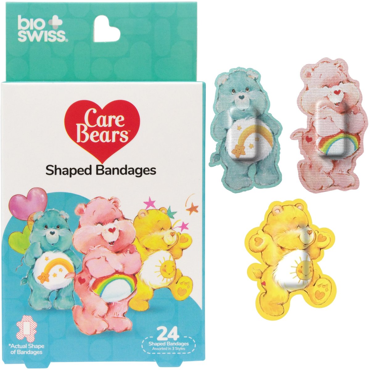 BioSwiss Care Bears Wundpflaster, klassische Care Bear-förmige selbstklebende Pflaster, latexfrei, steril, 24 Stück