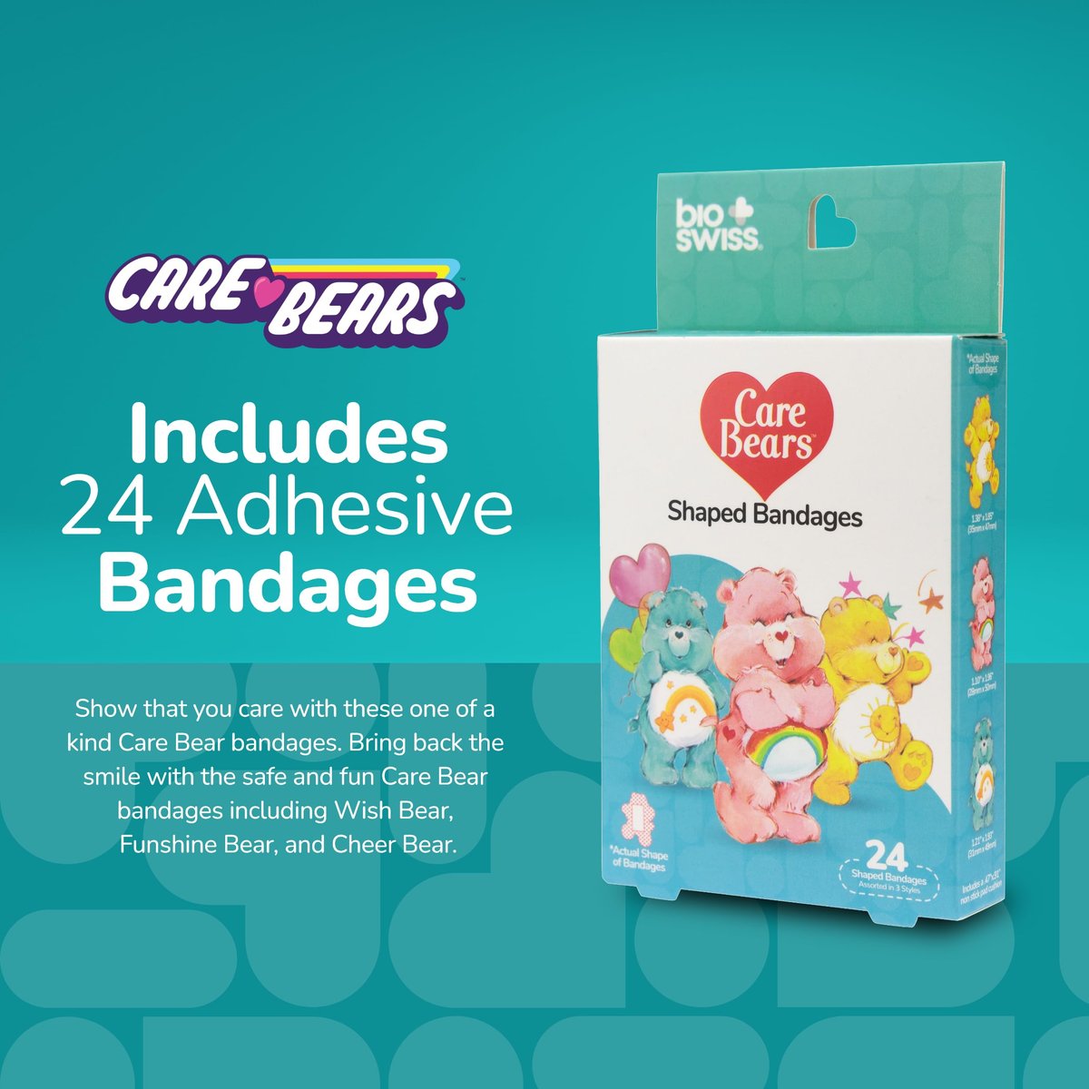 BioSwiss Care Bears Wundpflaster, klassische Care Bear-förmige selbstklebende Pflaster, latexfrei, steril, 24 Stück