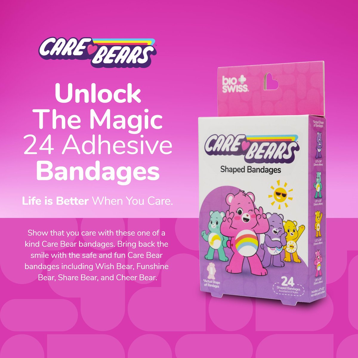 BioSwiss Care Bears Wundpflaster – 24 selbstklebende Care Bear Pflaster, latexfrei, steril, für Kinder