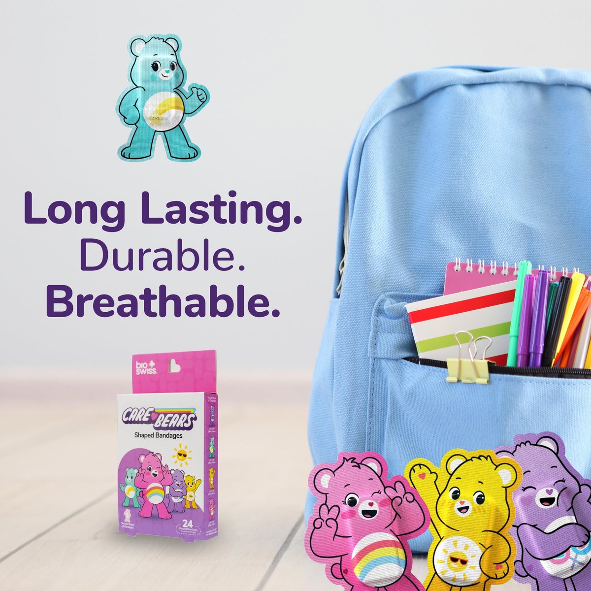 BioSwiss Care Bears Wundpflaster – 24 selbstklebende Care Bear Pflaster, latexfrei, steril, für Kinder
