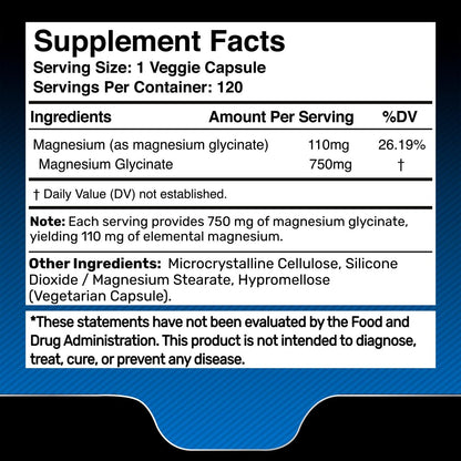 Magnesium Glycinat 750mg | Hochabsorbierendes cheliertes Calm Support für Frauen und Männer - Glicinato De Magnesio, Magnesiumchelat für Herzgesundheit, Schlafunterstützung - 120 Kapseln