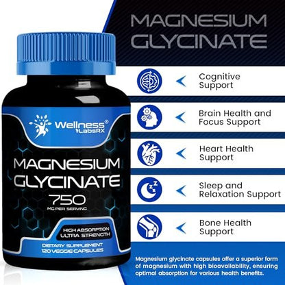Magnesium Glycinat 750mg | Hochabsorbierendes cheliertes Calm Support für Frauen und Männer - Glicinato De Magnesio, Magnesiumchelat für Herzgesundheit, Schlafunterstützung - 120 Kapseln