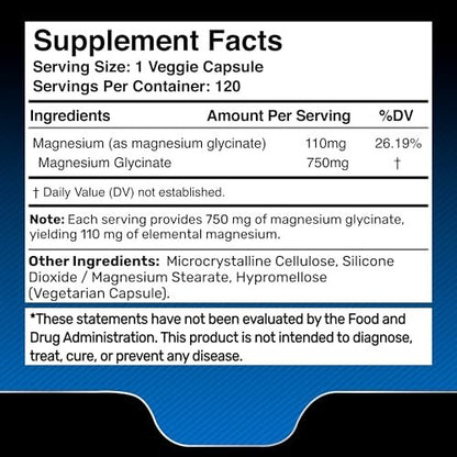 Magnesium Glycinat 750mg | Hochabsorbierendes cheliertes Calm Support für Frauen und Männer - Glicinato De Magnesio, Magnesiumchelat für Herzgesundheit, Schlafunterstützung - 120 Kapseln