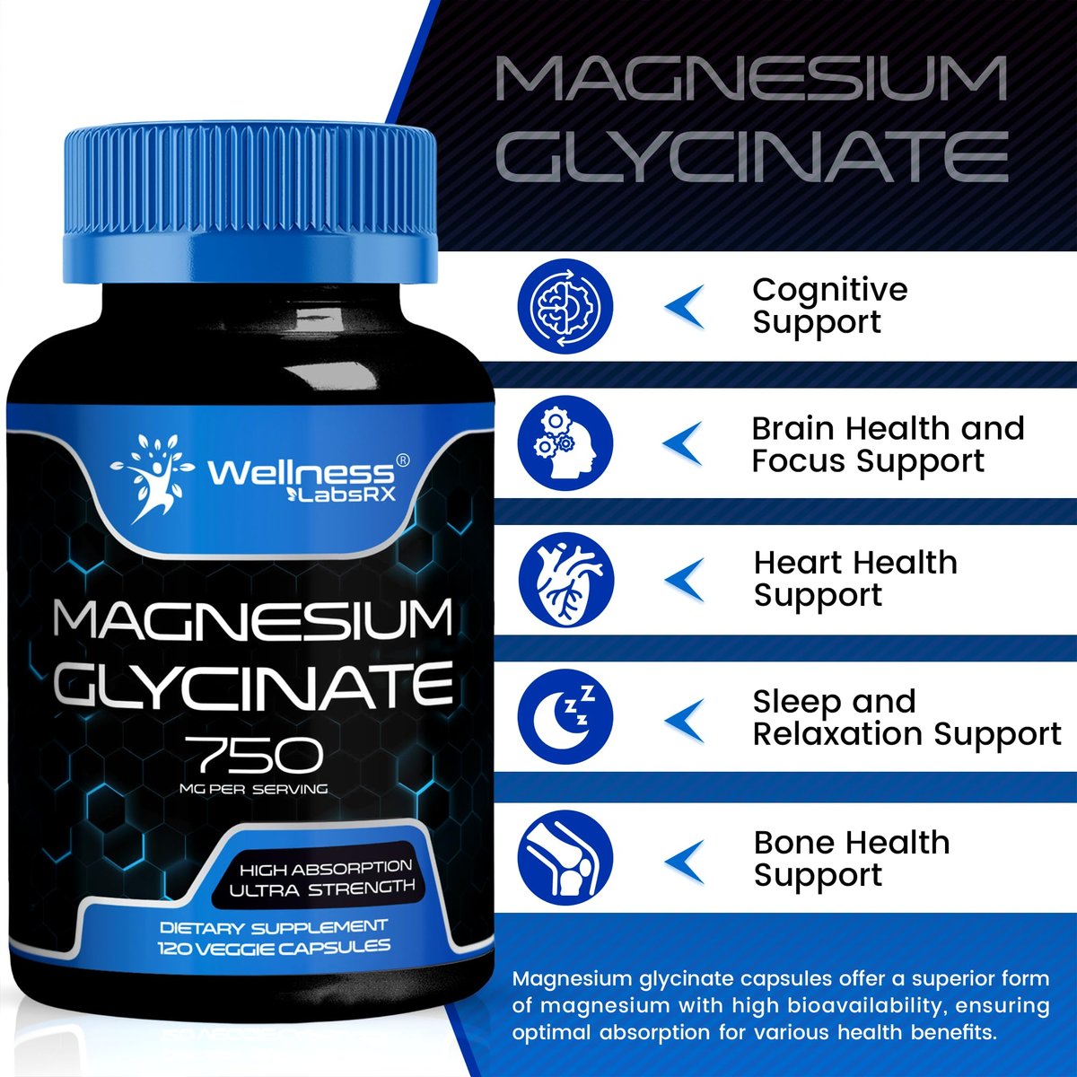 Magnesium Glycinat 750mg | Hochabsorbierendes cheliertes Calm Support für Frauen und Männer - Glicinato De Magnesio, Magnesiumchelat für Herzgesundheit, Schlafunterstützung - 120 Kapseln
