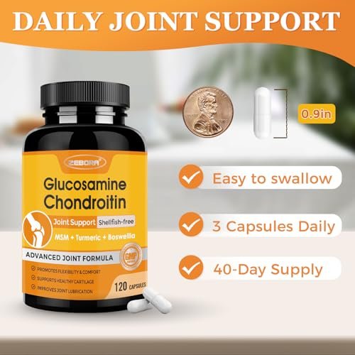 ZEBORA Glucosamin Chondroitin Gelenkunterstützung für Frauen und Männer, mit MSM, Kurkuma, Gelenksupplement, Schalentierfrei, 120 Kapseln