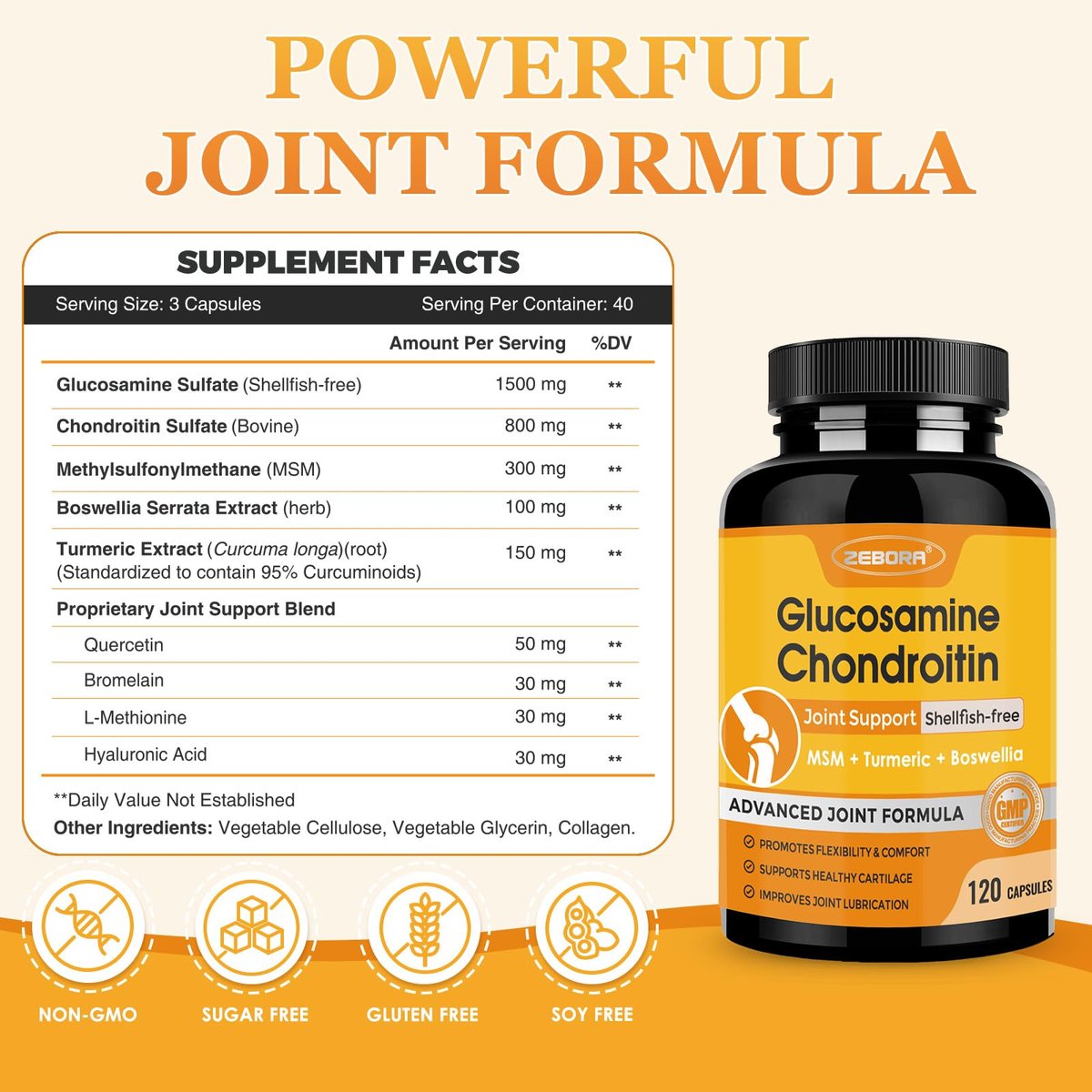 ZEBORA Glucosamin Chondroitin Gelenkunterstützung für Frauen und Männer, mit MSM, Kurkuma, Gelenksupplement, Schalentierfrei, 120 Kapseln