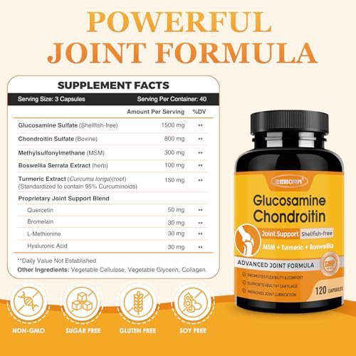 ZEBORA Glucosamin Chondroitin Gelenkunterstützung für Frauen und Männer, mit MSM, Kurkuma, Gelenksupplement, Schalentierfrei, 120 Kapseln