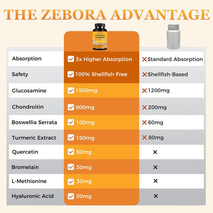 ZEBORA Glucosamin Chondroitin Gelenkunterstützung für Frauen und Männer, mit MSM, Kurkuma, Gelenksupplement, Schalentierfrei, 120 Kapseln