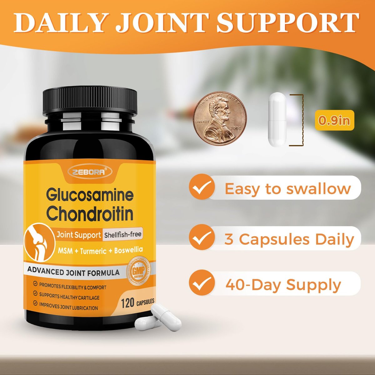 ZEBORA Glucosamin Chondroitin Gelenkunterstützung für Frauen und Männer, mit MSM, Kurkuma, Gelenksupplement, Schalentierfrei, 120 Kapseln