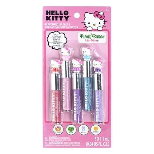 Hello Kitty 5-teiliges pflanzliches, feuchtigkeitsspendendes Lipgloss-Set für Mädchen, Kinder und Kleinkinder – perfekt für Partys, Übernachtungen, Makeover und als Geburtstagsgeschenk für Mädchen ab 3 Jahren von Townley Girl