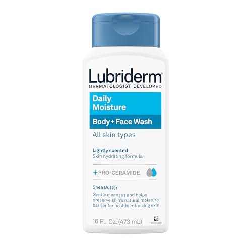 Lubriderm Daily Moisture Körper- und Gesichtsreiniger, feuchtigkeitsspendendes Duschgel + Gesichtsreiniger mit Pro-Ceramid & Sheabutter, sanfte Reinigung, leichter Duft & hypoallergen, 473 ml
