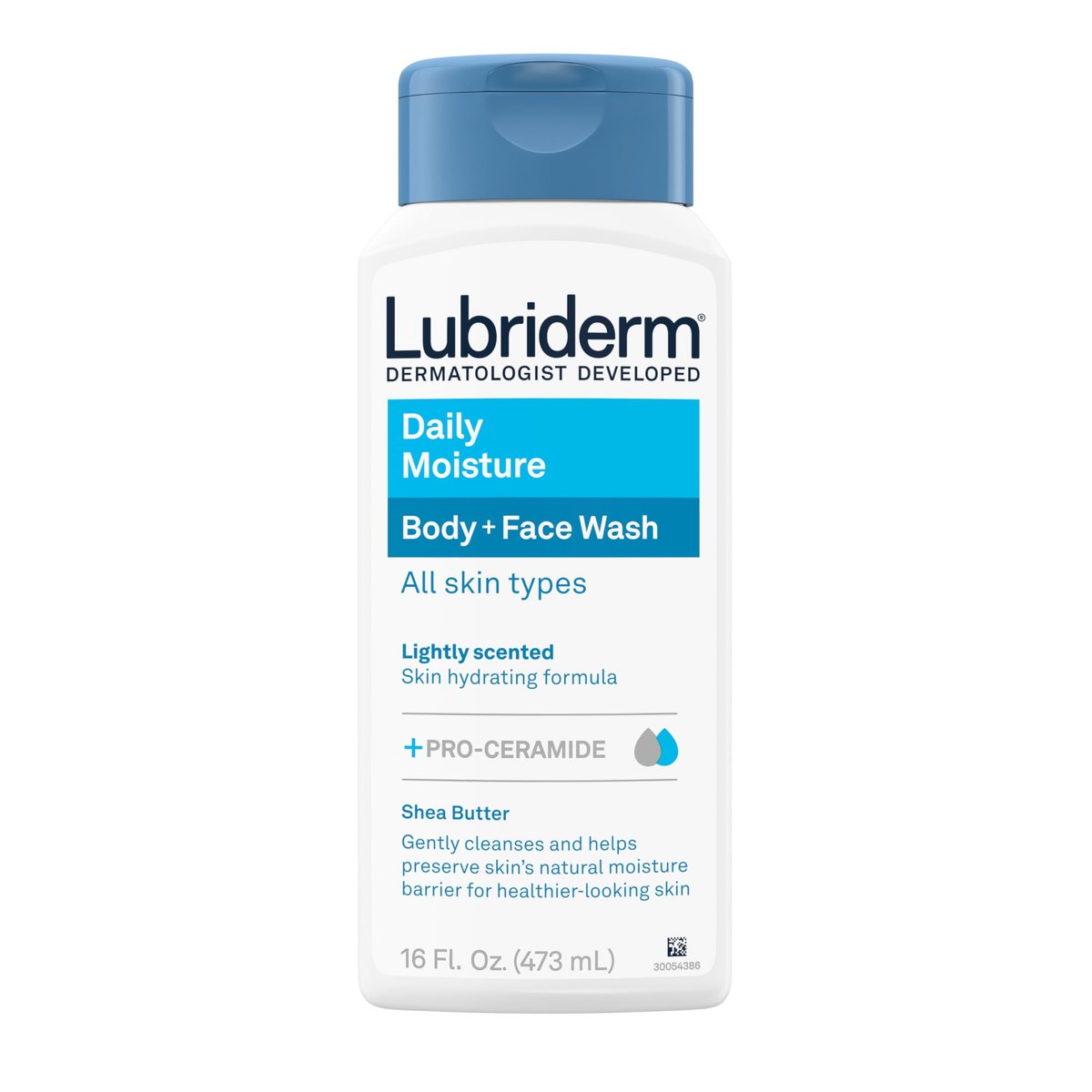 Lubriderm Daily Moisture Körper- und Gesichtsreiniger, feuchtigkeitsspendendes Duschgel + Gesichtsreiniger mit Pro-Ceramid & Sheabutter, sanfte Reinigung, leichter Duft & hypoallergen, 473 ml
