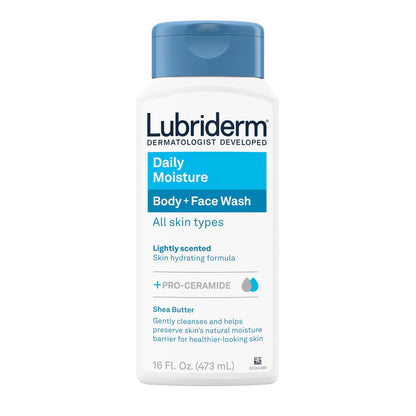 Lubriderm Daily Moisture Körper- und Gesichtsreiniger, feuchtigkeitsspendendes Duschgel + Gesichtsreiniger mit Pro-Ceramid & Sheabutter, sanfte Reinigung, leichter Duft & hypoallergen, 473 ml